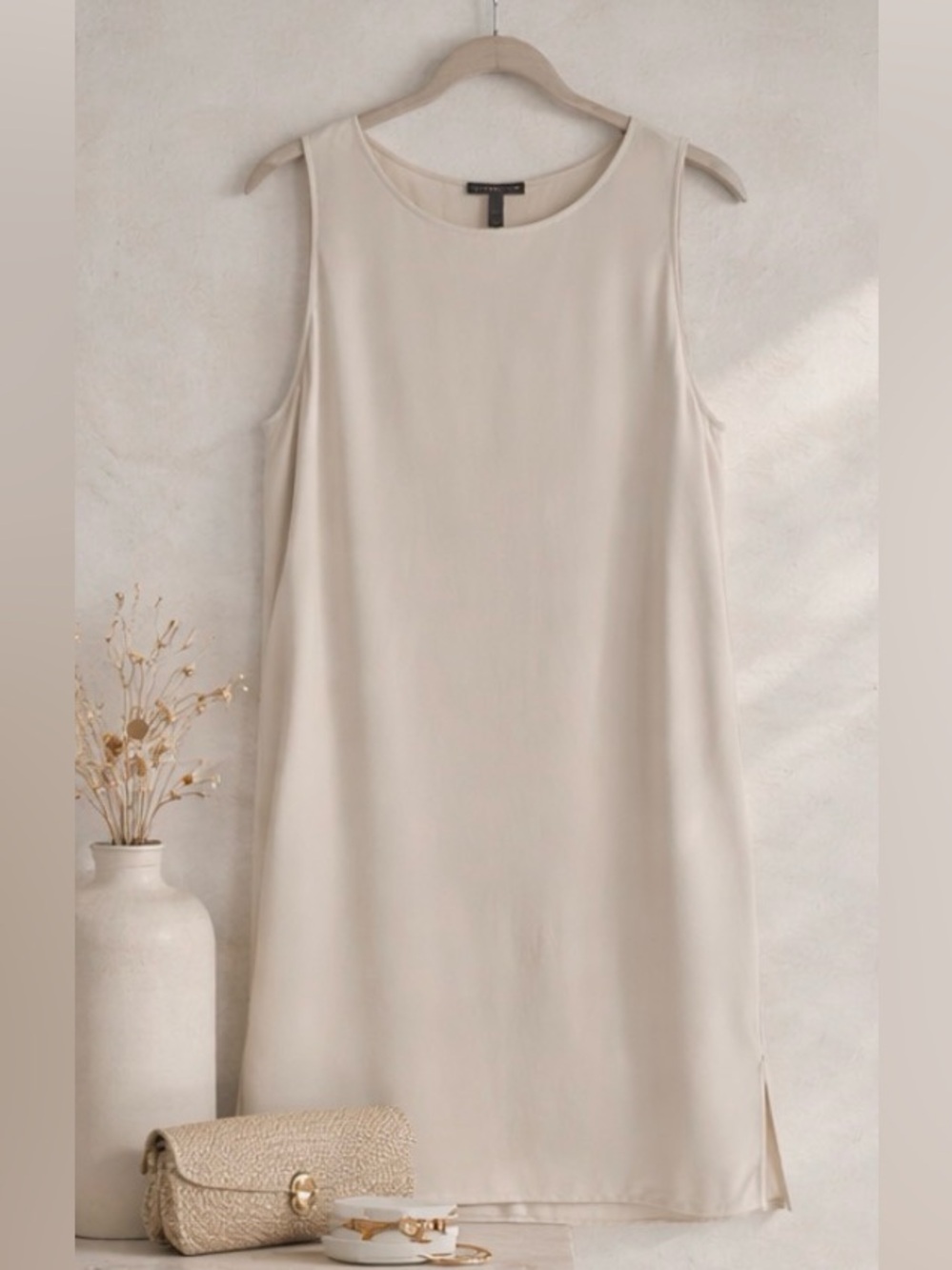 Eileen Fisher Sleeveless Dress Light Beige 100%Silk Size Small
